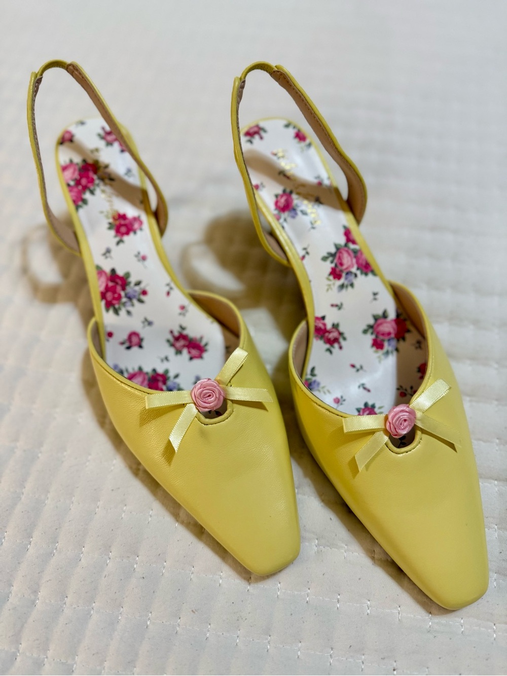 For Love & Lemons Yellow Floral-Trim Slingback Heels with Rose Bow